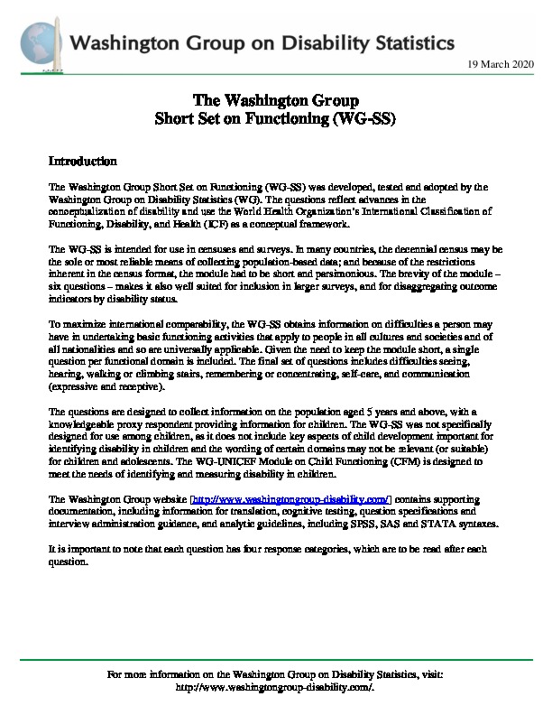 Washington Group on Disability Statistics Question Sets